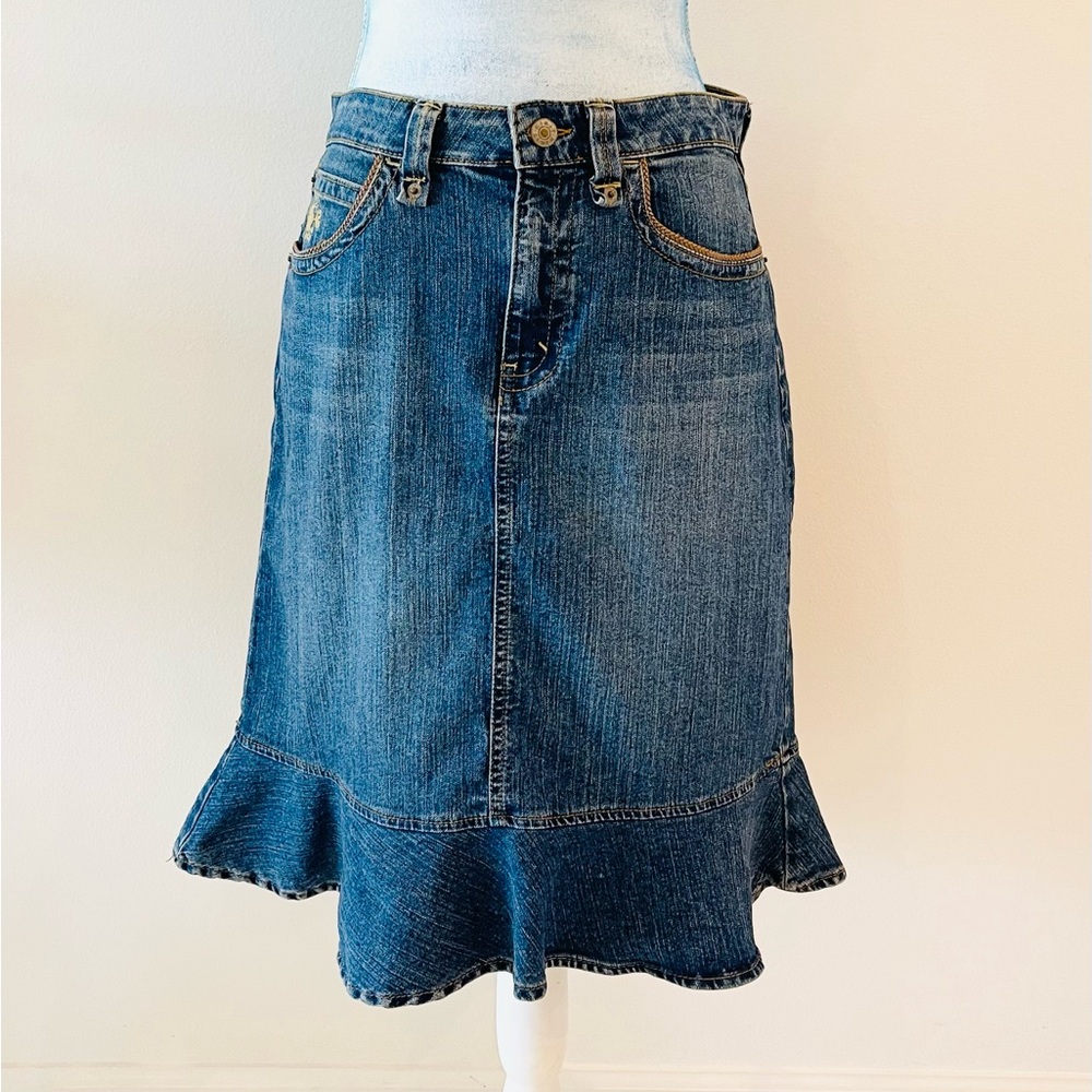Vintage Kikit Jeans Stretch Denim Skirt - Embroidered Flowers Ruffle Hem- Size 6